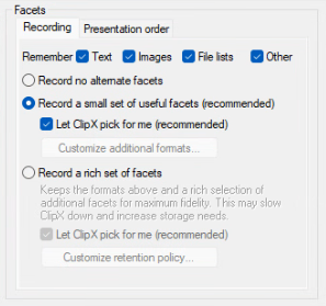 The recording modes on the Formats settings page