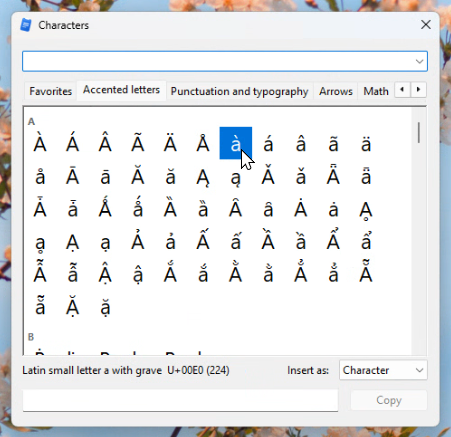 The Characters picker