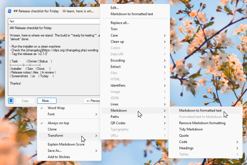 Markdown to formatted text menu
