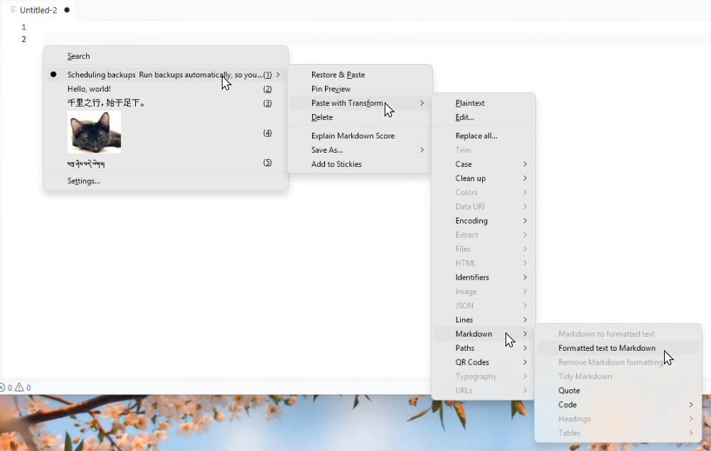 Formatted text to Markdown menu
