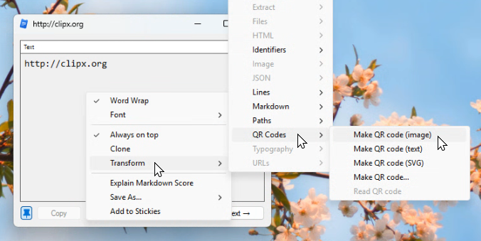 Make QR code in the Transform menu
